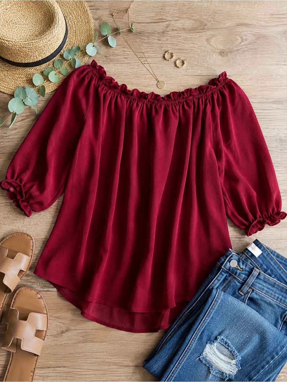 Burgundy Off-the-Shoulder Peasant Blouse | Size Small